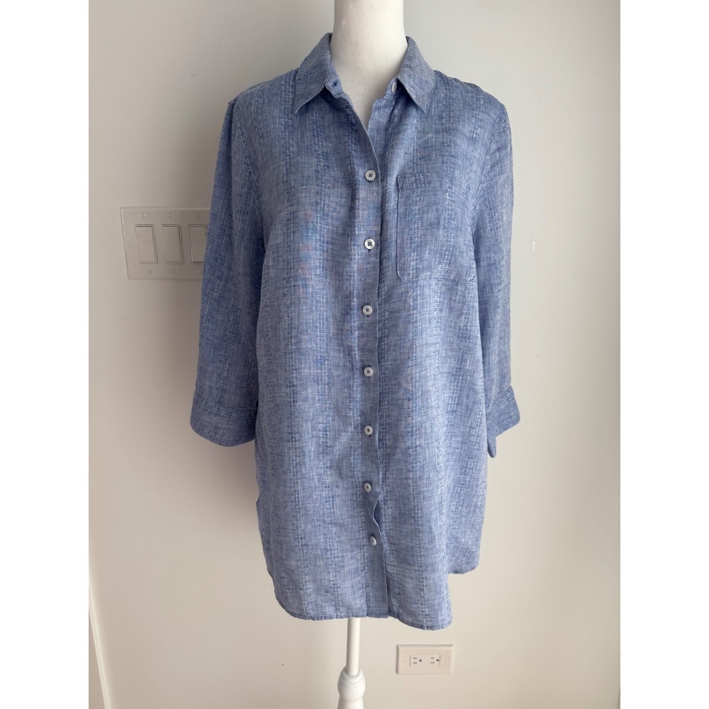 Chico's No Iron 100% Linen Tunic Shirt Blue Embroidered Stripe Size M